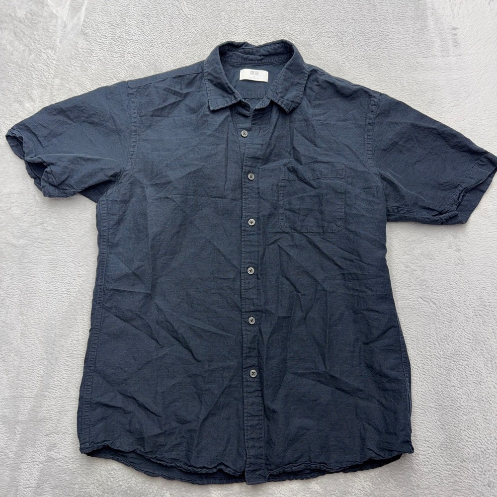 Uniqlo Button Down Mens Medium Navy Blue Linen Cotton Short Sleeve Pocket Shirt